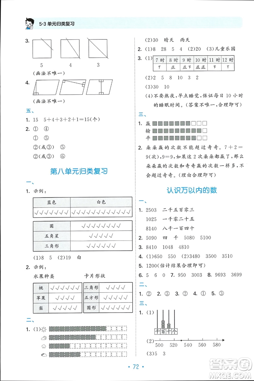 首都師范大學(xué)出版社2024年春53單元?dú)w類復(fù)習(xí)二年級數(shù)學(xué)下冊蘇教版參考答案