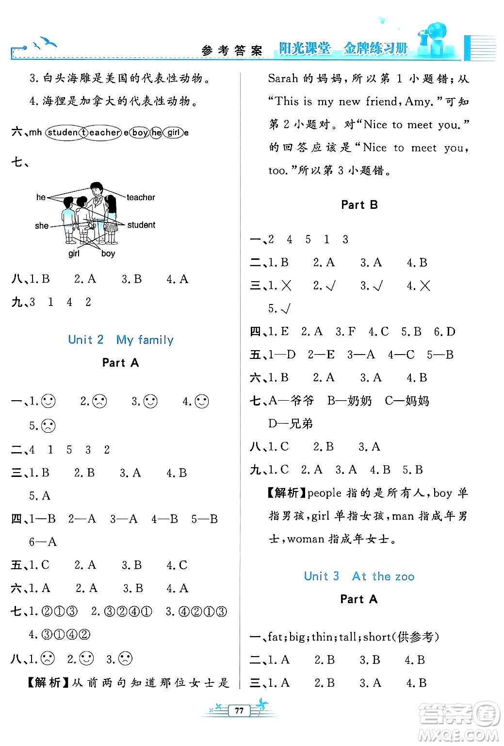 人民教育出版社2024年春陽(yáng)光課堂金牌練習(xí)冊(cè)三年級(jí)英語(yǔ)下冊(cè)人教版答案