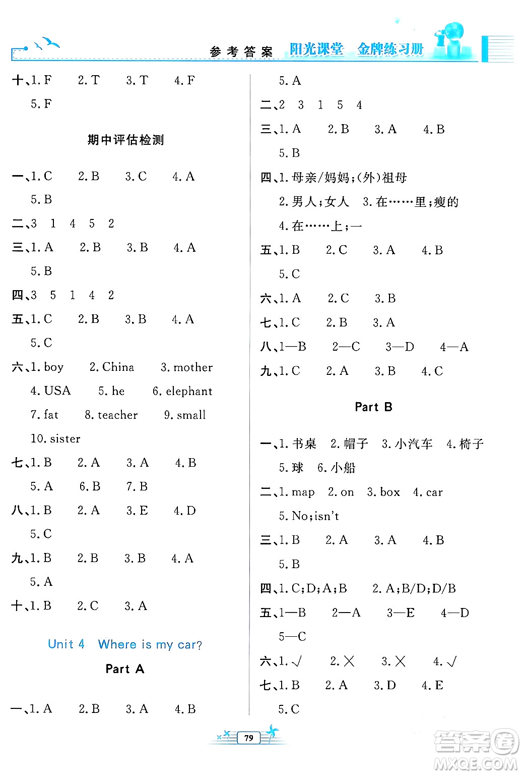 人民教育出版社2024年春陽(yáng)光課堂金牌練習(xí)冊(cè)三年級(jí)英語(yǔ)下冊(cè)人教版答案