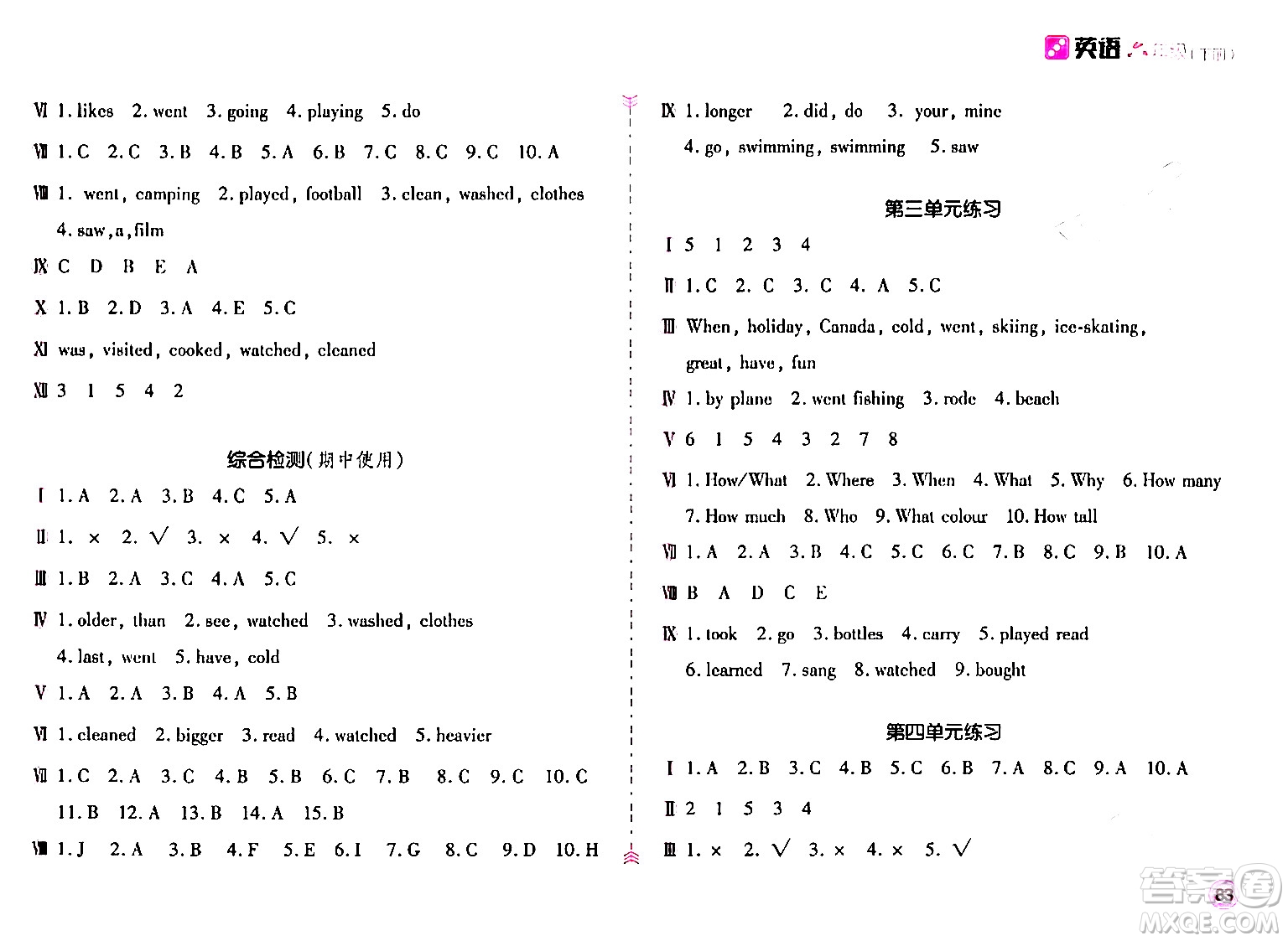 安徽少年兒童出版社2024年春新編基礎(chǔ)訓(xùn)練六年級(jí)英語(yǔ)下冊(cè)人教版答案