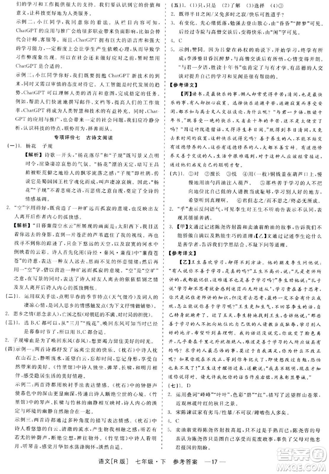 浙江工商大學(xué)出版社2024年春精彩練習(xí)就練這一本七年級語文下冊人教版答案