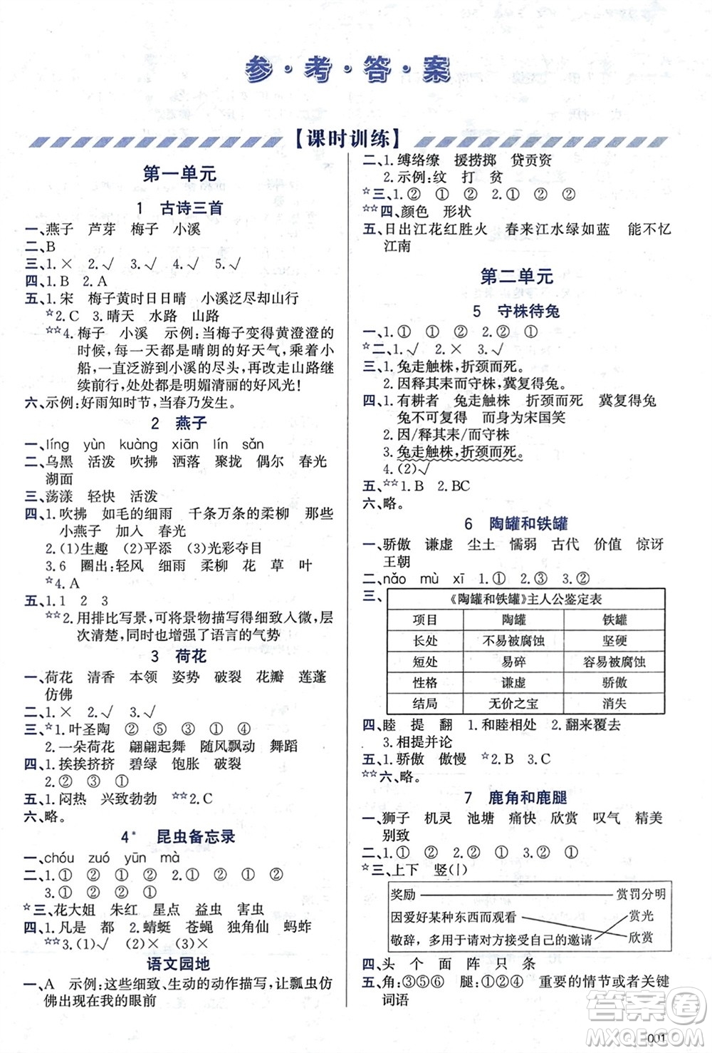 天津教育出版社2024年春學(xué)習(xí)質(zhì)量監(jiān)測(cè)三年級(jí)語(yǔ)文下冊(cè)人教版參考答案