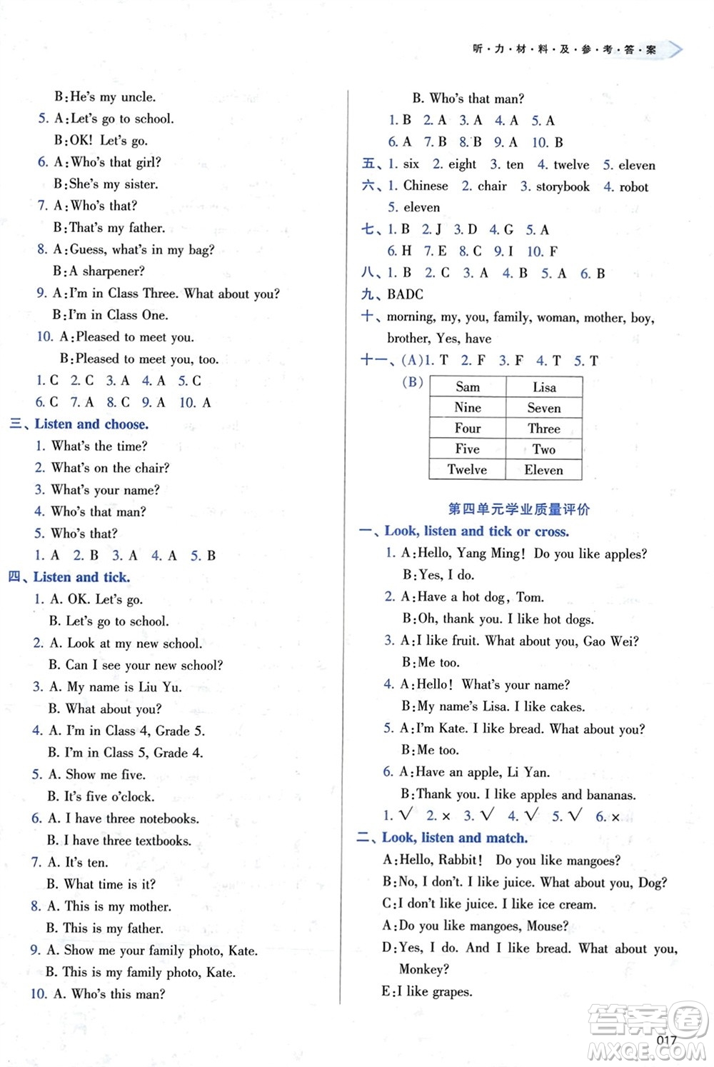 天津教育出版社2024年春學(xué)習(xí)質(zhì)量監(jiān)測三年級英語下冊人教版參考答案