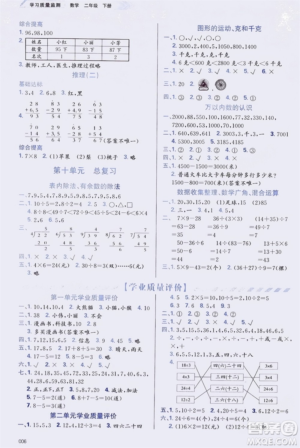 天津教育出版社2024年春學(xué)習(xí)質(zhì)量監(jiān)測(cè)二年級(jí)數(shù)學(xué)下冊(cè)人教版參考答案