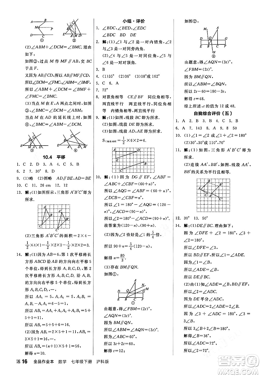 陽光出版社2024年春全品作業(yè)本七年級數(shù)學(xué)下冊滬科版安徽專版答案