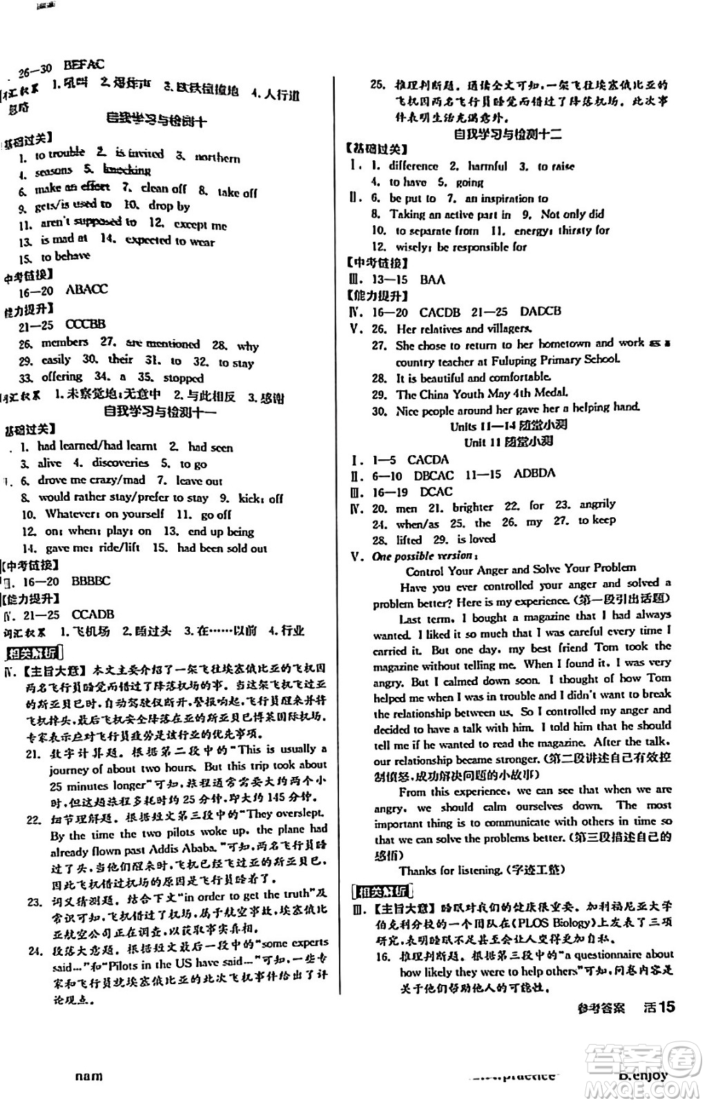 陽光出版社2024年春全品作業(yè)本九年級英語下冊人教版答案