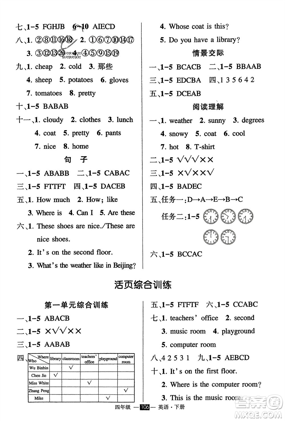 武漢出版社2024年春狀元成才路創(chuàng)優(yōu)作業(yè)100分四年級英語下冊人教版參考答案