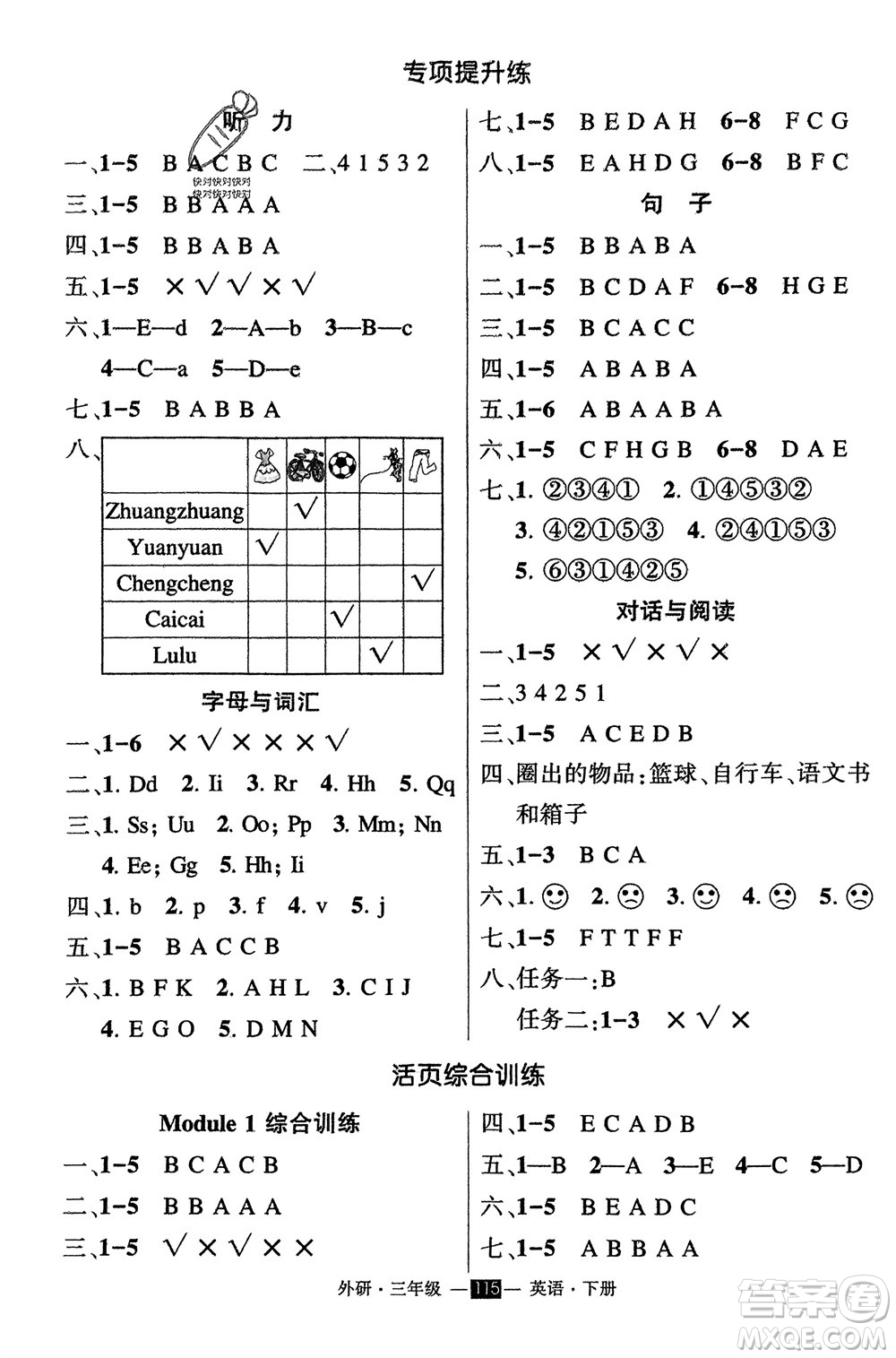 長江出版社2024年春狀元成才路創(chuàng)優(yōu)作業(yè)100分三年級(jí)英語下冊外研版參考答案