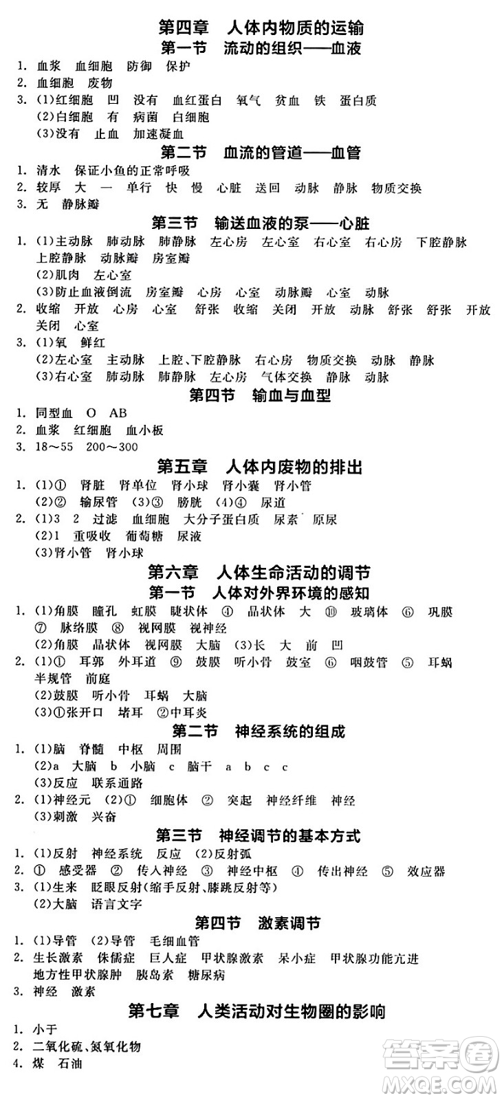 陽光出版社2024年春全品作業(yè)本七年級生物下冊人教版內(nèi)蒙古專版答案