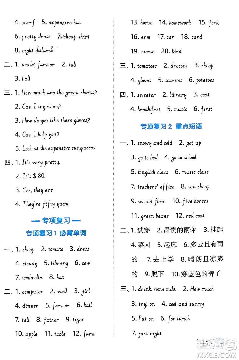 江西教育出版社2024年春陽光同學(xué)默寫小達人四年級英語下冊人教版參考答案