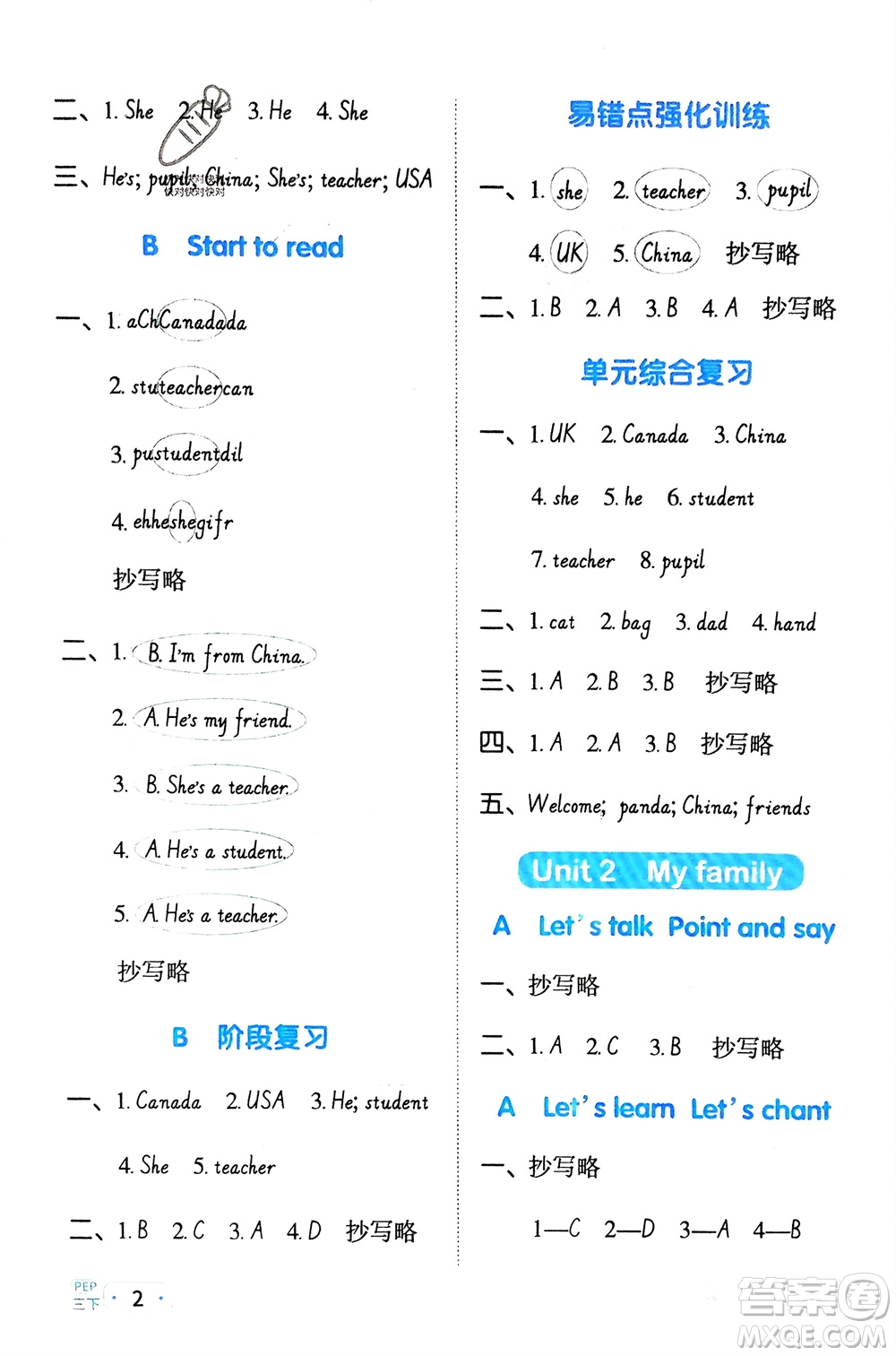 江西教育出版社2024年春陽光同學默寫小達人三年級英語下冊人教版參考答案