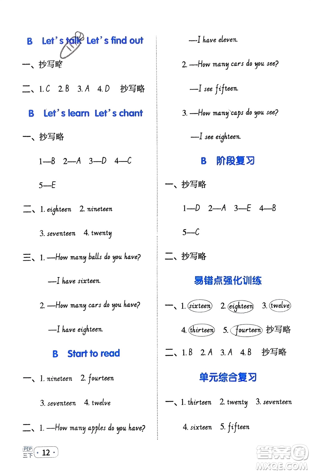 江西教育出版社2024年春陽光同學默寫小達人三年級英語下冊人教版參考答案