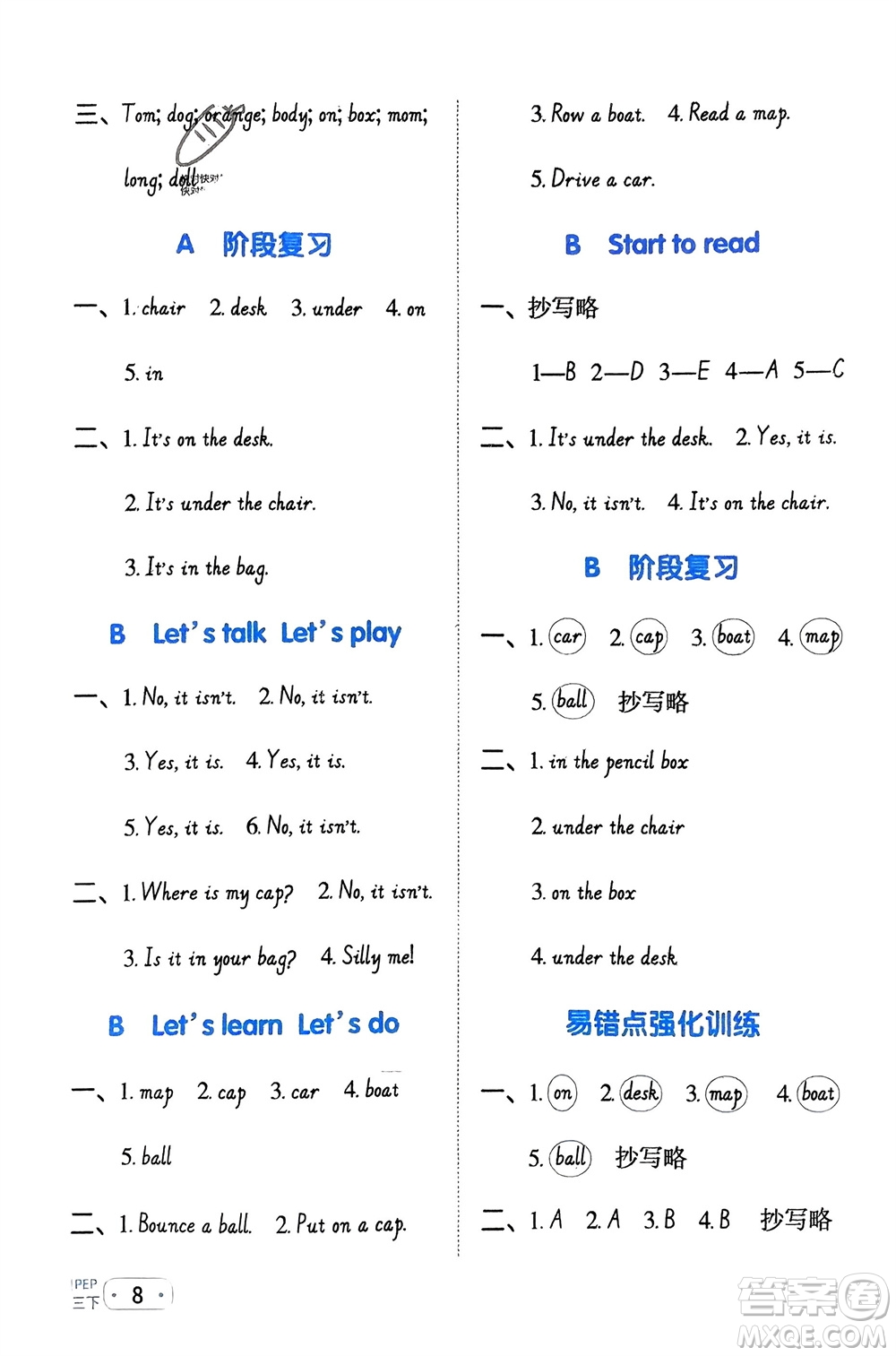 江西教育出版社2024年春陽光同學默寫小達人三年級英語下冊人教版參考答案