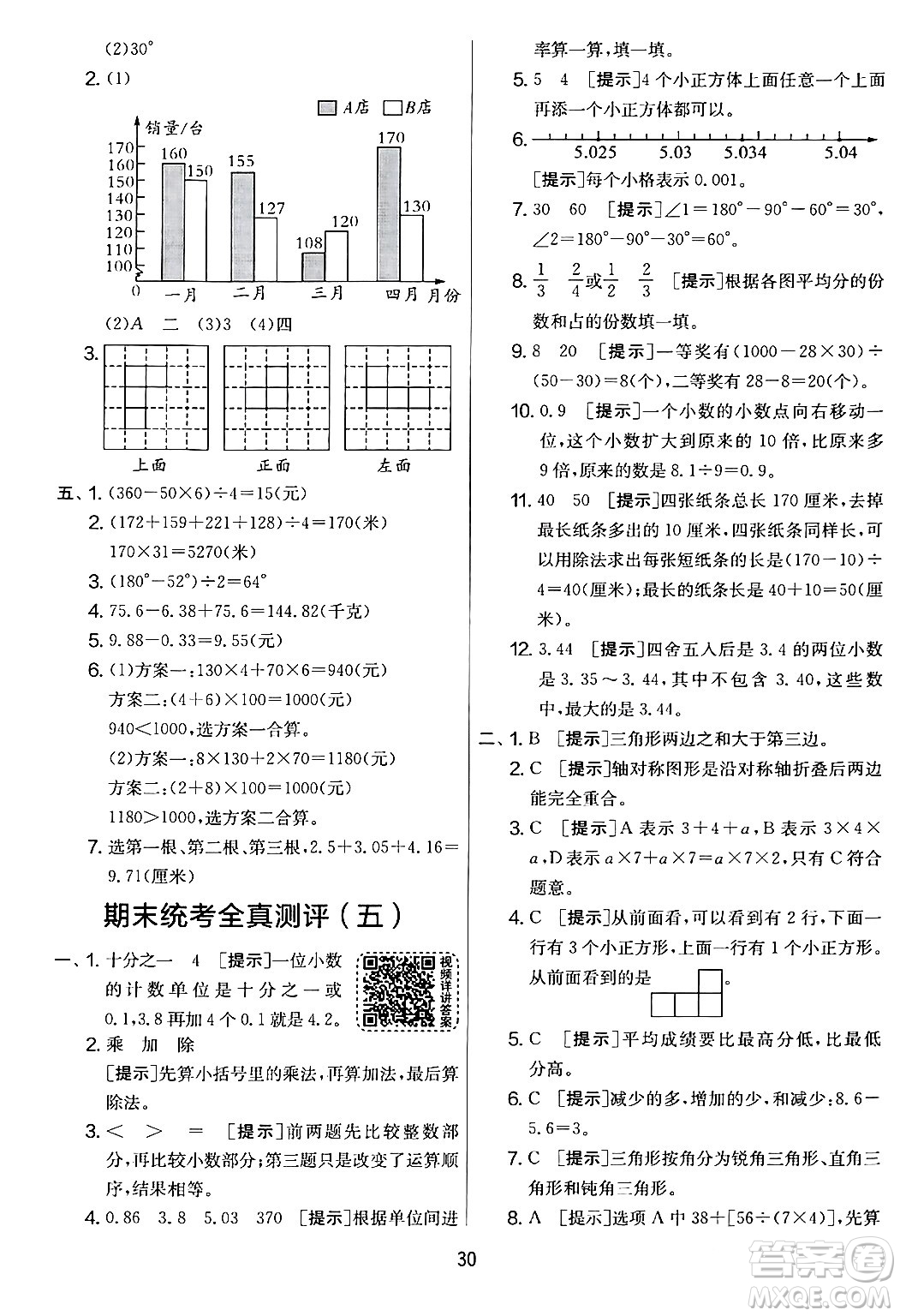 江蘇人民出版社2024年春實驗班提優(yōu)大考卷四年級數(shù)學(xué)下冊人教版答案