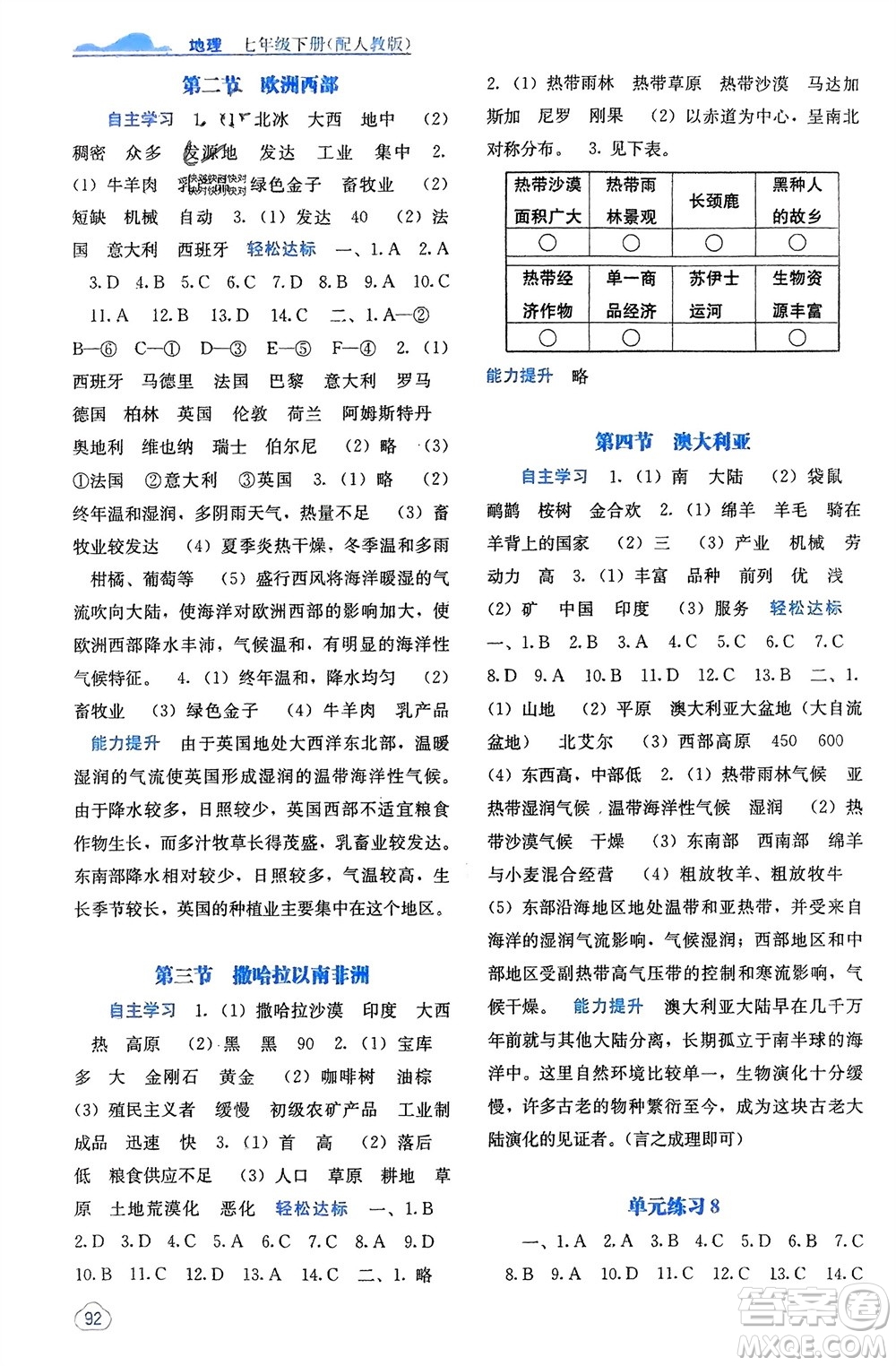 廣西教育出版社2024年春自主學(xué)習(xí)能力測評(píng)七年級(jí)地理下冊人教版參考答案