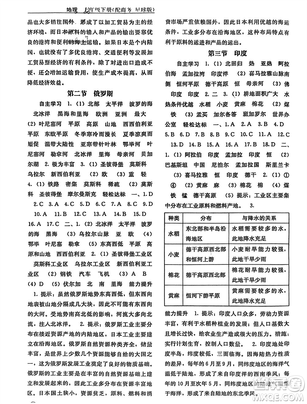 廣西教育出版社2024年春自主學(xué)習(xí)能力測評七年級地理下冊商務(wù)星球版參考答案