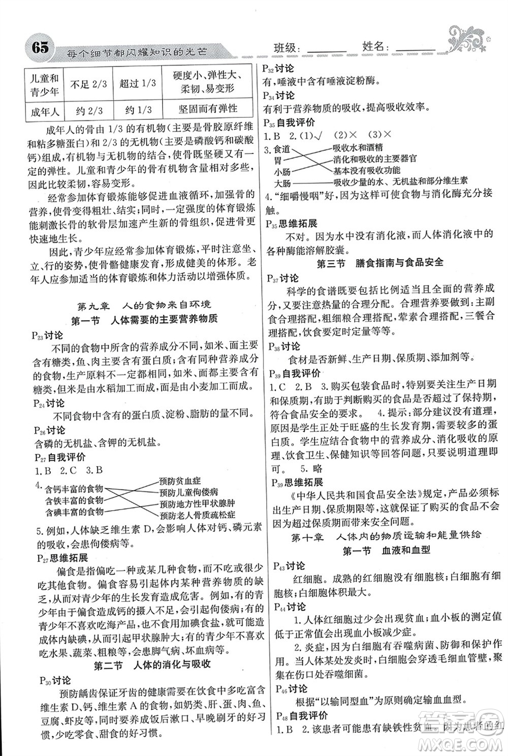 四川大學(xué)出版社2024年春課堂點(diǎn)睛七年級生物下冊蘇教版參考答案