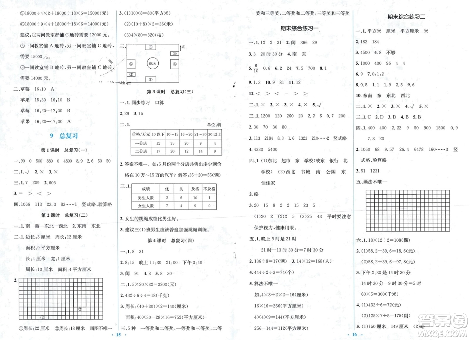 人民教育出版社2024年春人教金學典同步解析與測評學考練三年級數(shù)學下冊人教版參考答案