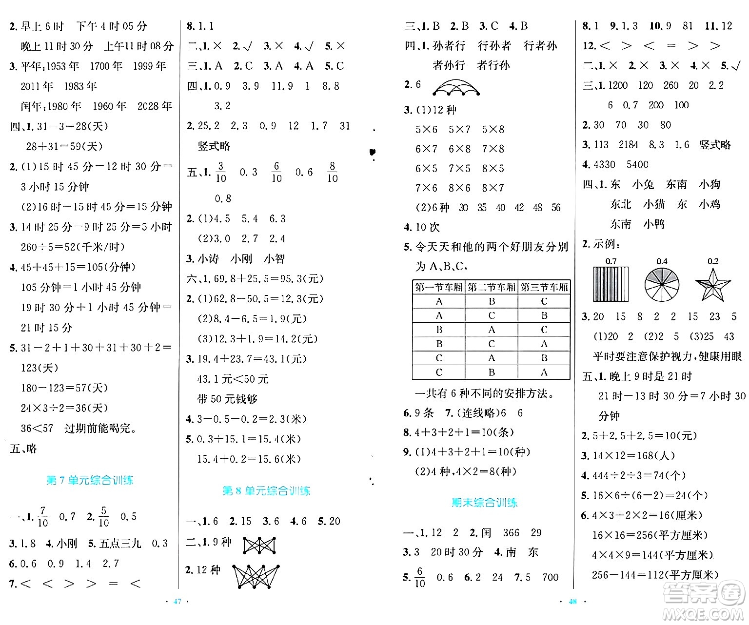 人民教育出版社2024年春小學(xué)同步測控優(yōu)化設(shè)計三年級數(shù)學(xué)下冊人教版陜西專版答案