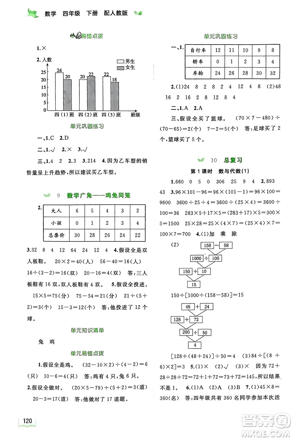 廣西師范大學(xué)出版社2024年春新課程學(xué)習(xí)與測(cè)評(píng)同步學(xué)習(xí)四年級(jí)數(shù)學(xué)下冊(cè)人教版參考答案