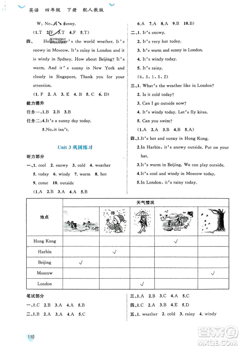 廣西師范大學(xué)出版社2024年春新課程學(xué)習(xí)與測評(píng)同步學(xué)習(xí)四年級(jí)英語下冊(cè)人教版參考答案