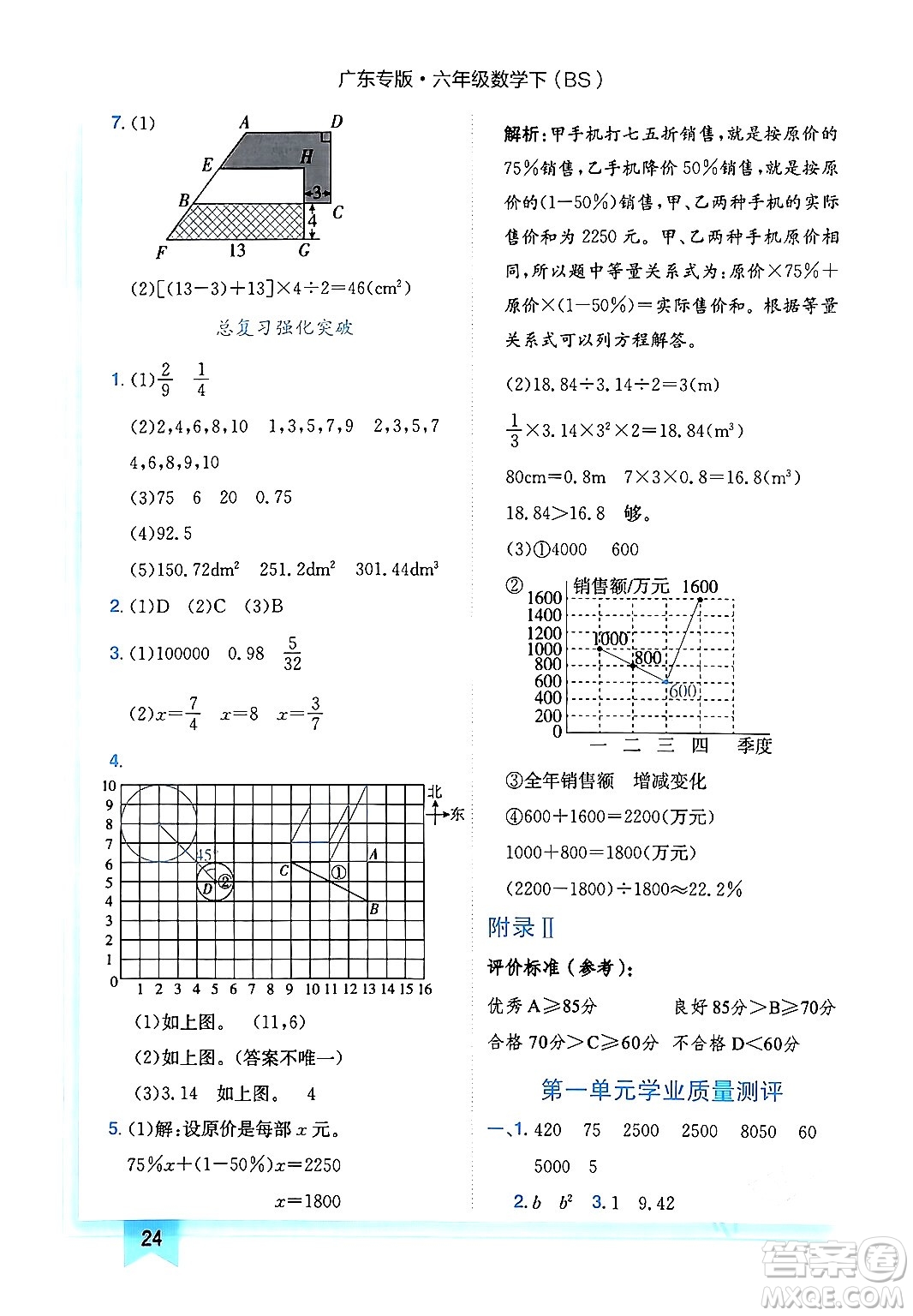 龍門書局2024年春黃岡小狀元作業(yè)本六年級數(shù)學(xué)下冊北師大版廣東專版答案