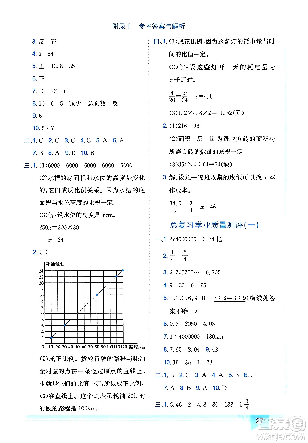 龍門書局2024年春黃岡小狀元作業(yè)本六年級數(shù)學(xué)下冊北師大版廣東專版答案