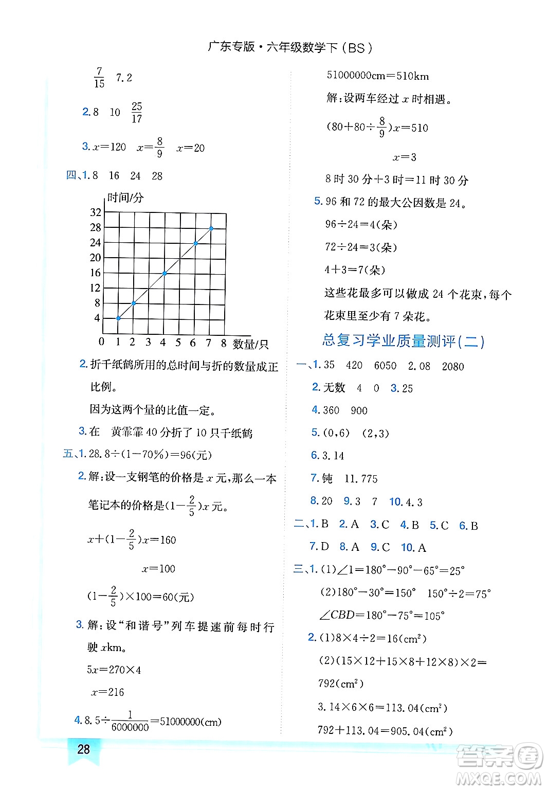 龍門書局2024年春黃岡小狀元作業(yè)本六年級數(shù)學(xué)下冊北師大版廣東專版答案