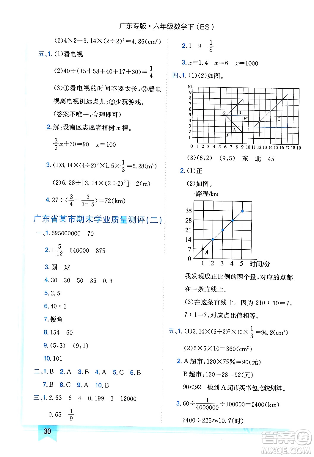 龍門書局2024年春黃岡小狀元作業(yè)本六年級數(shù)學(xué)下冊北師大版廣東專版答案