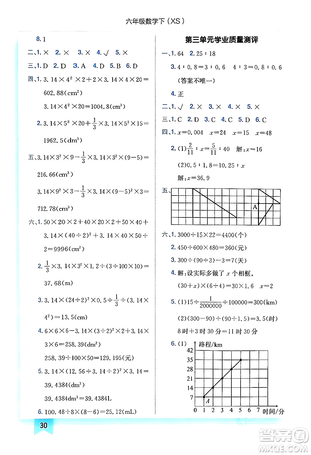 龍門書局2024年春黃岡小狀元作業(yè)本六年級數(shù)學(xué)下冊西師版答案