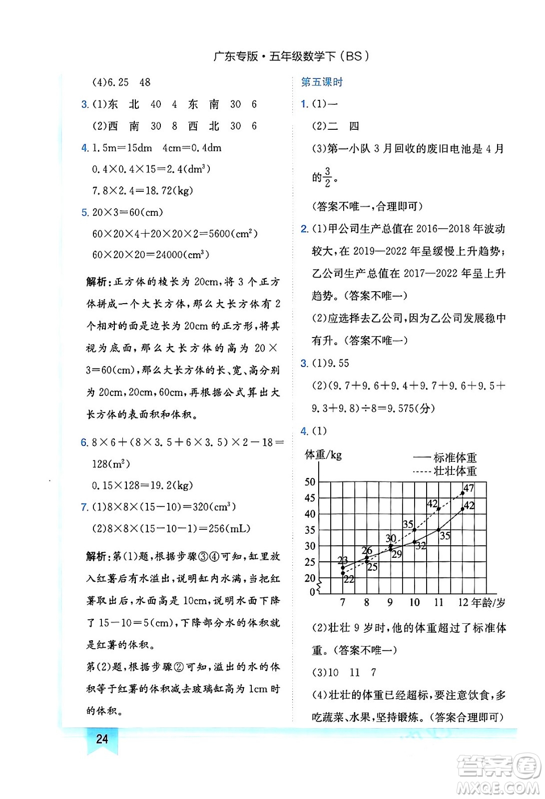 龍門書局2024年春黃岡小狀元作業(yè)本五年級數(shù)學下冊北師大版廣東專版答案