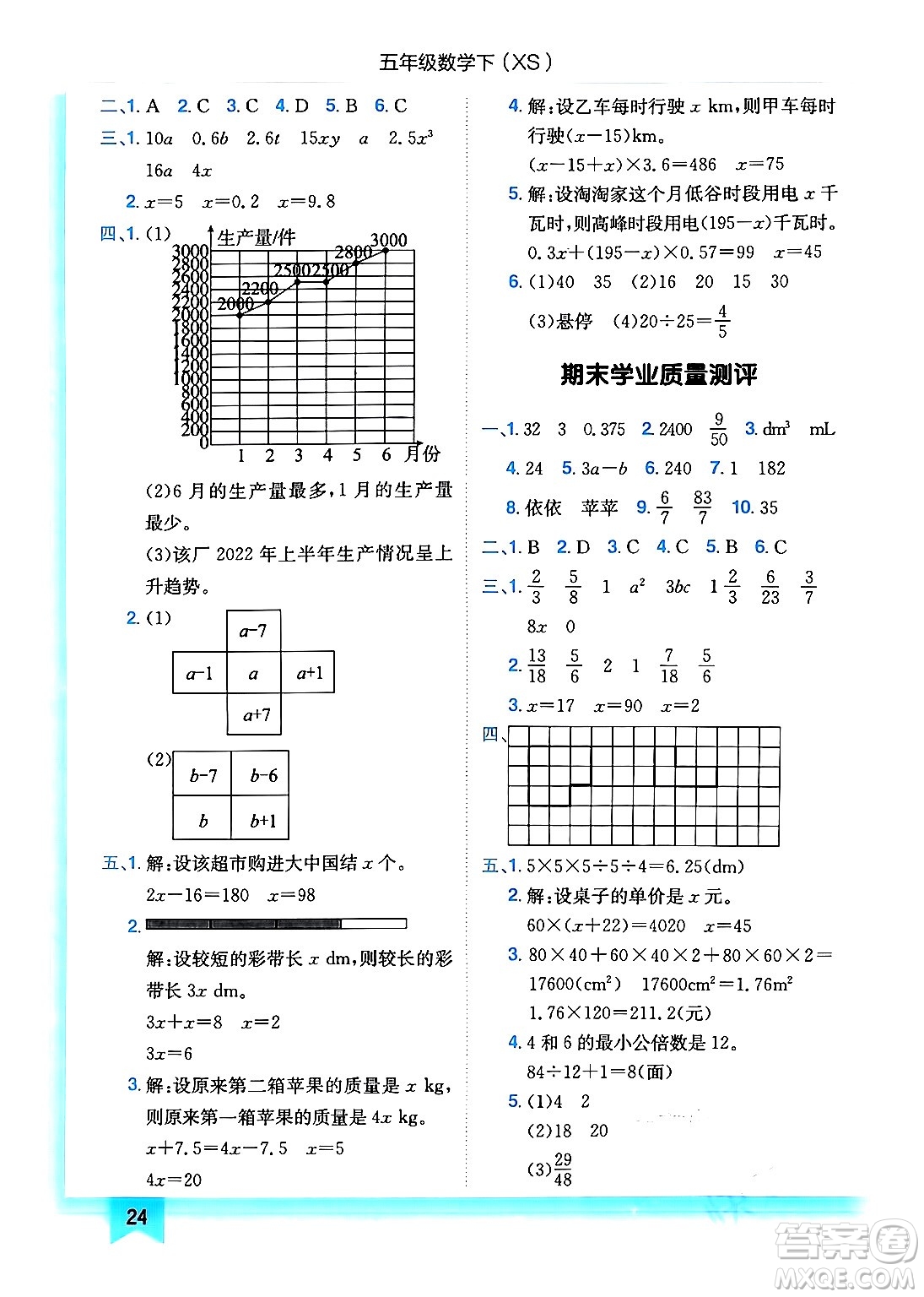 龍門書局2024年春黃岡小狀元作業(yè)本五年級數(shù)學下冊西師版答案