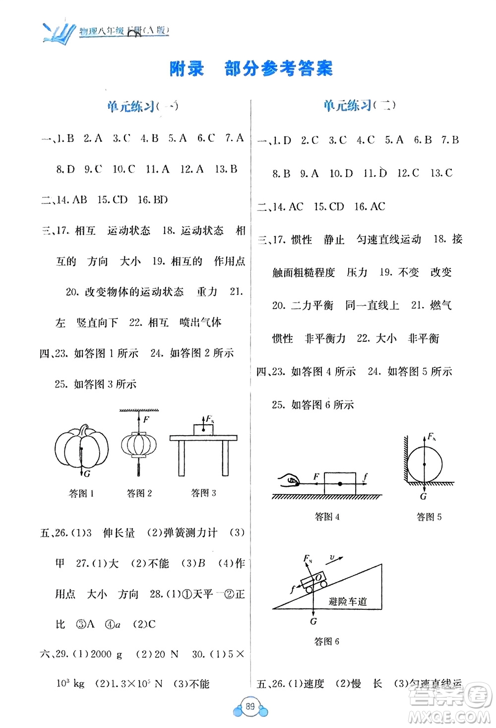 廣西教育出版社2024年春自主學(xué)習(xí)能力測評單元測試八年級物理下冊人教版A版參考答案