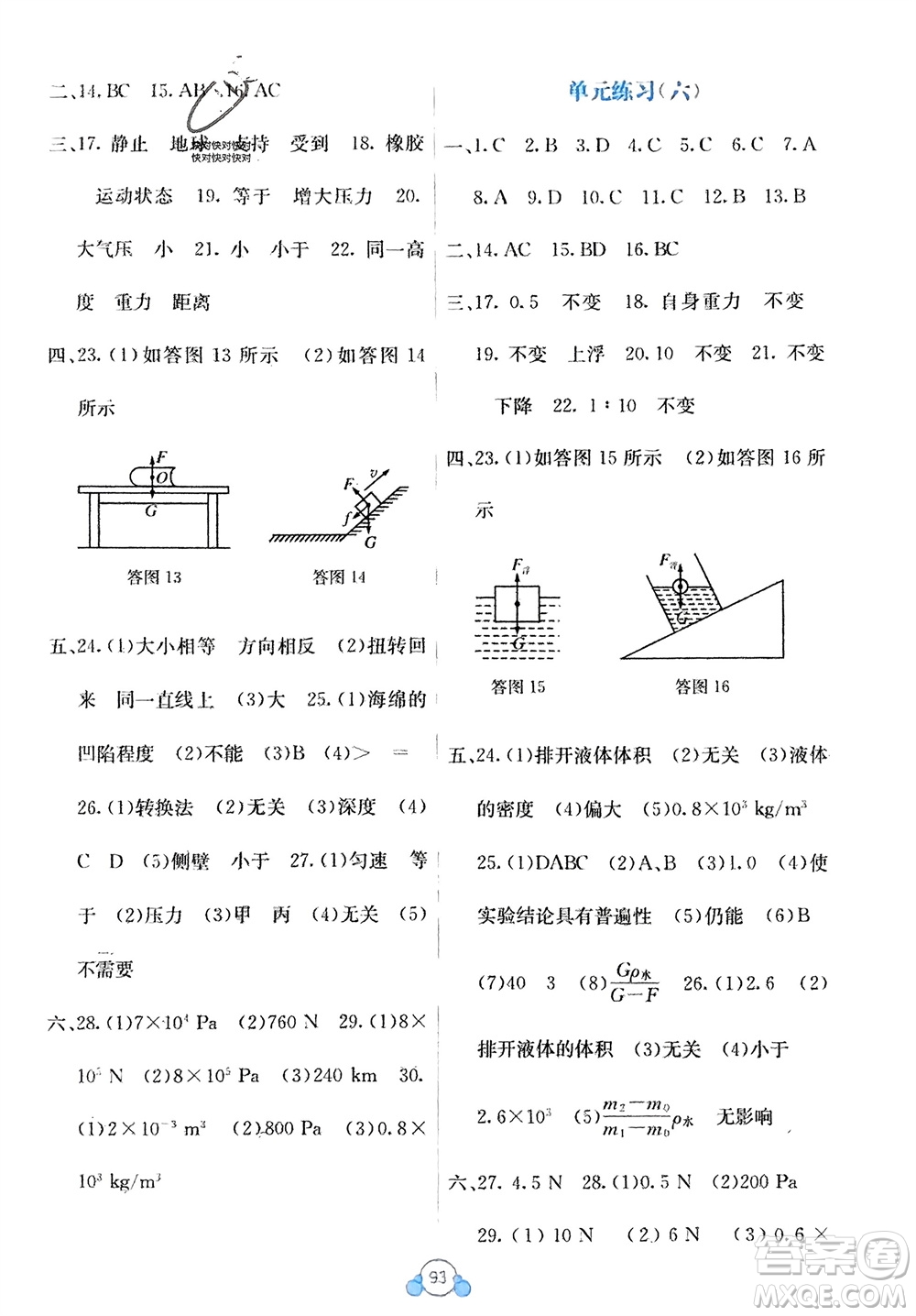 廣西教育出版社2024年春自主學(xué)習(xí)能力測評單元測試八年級物理下冊人教版A版參考答案