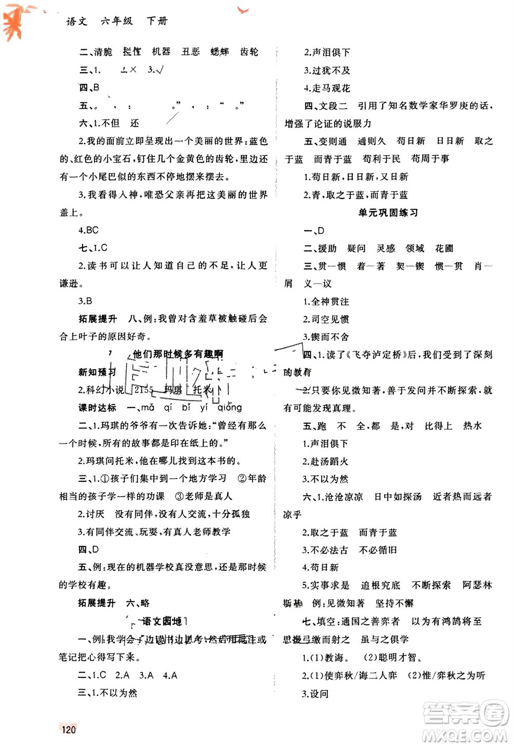 廣西師范大學(xué)出版社2024年春新課程學(xué)習(xí)與測評同步學(xué)習(xí)六年級語文下冊人教版參考答案