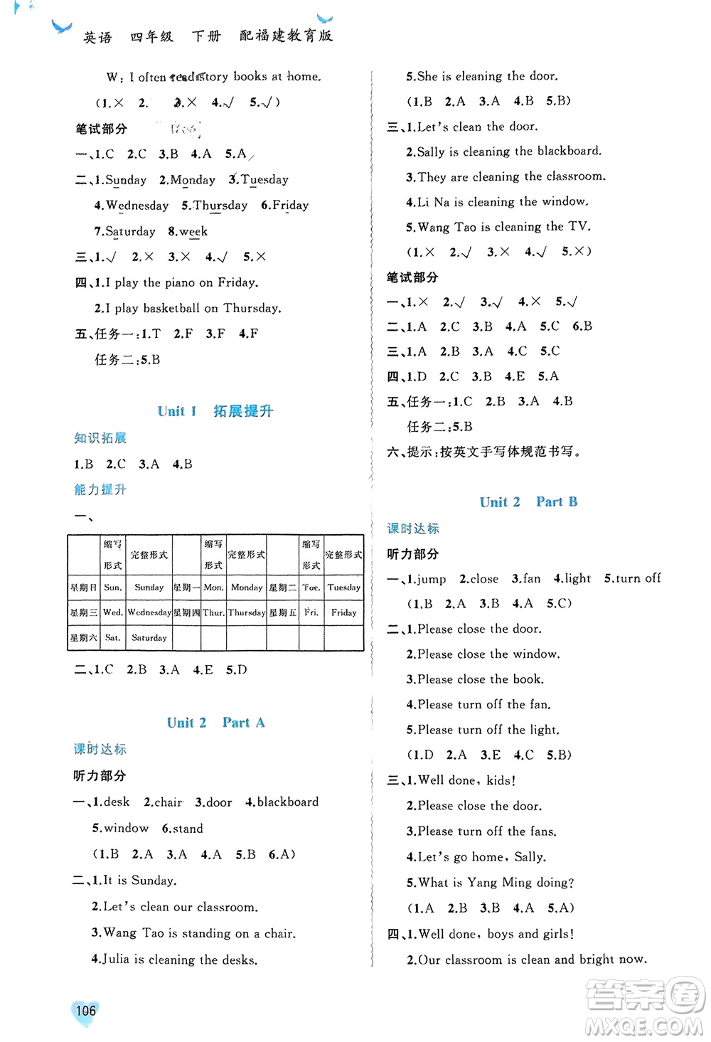 廣西師范大學(xué)出版社2024年春新課程學(xué)習(xí)與測(cè)評(píng)同步學(xué)習(xí)四年級(jí)英語(yǔ)下冊(cè)閩教版參考答案