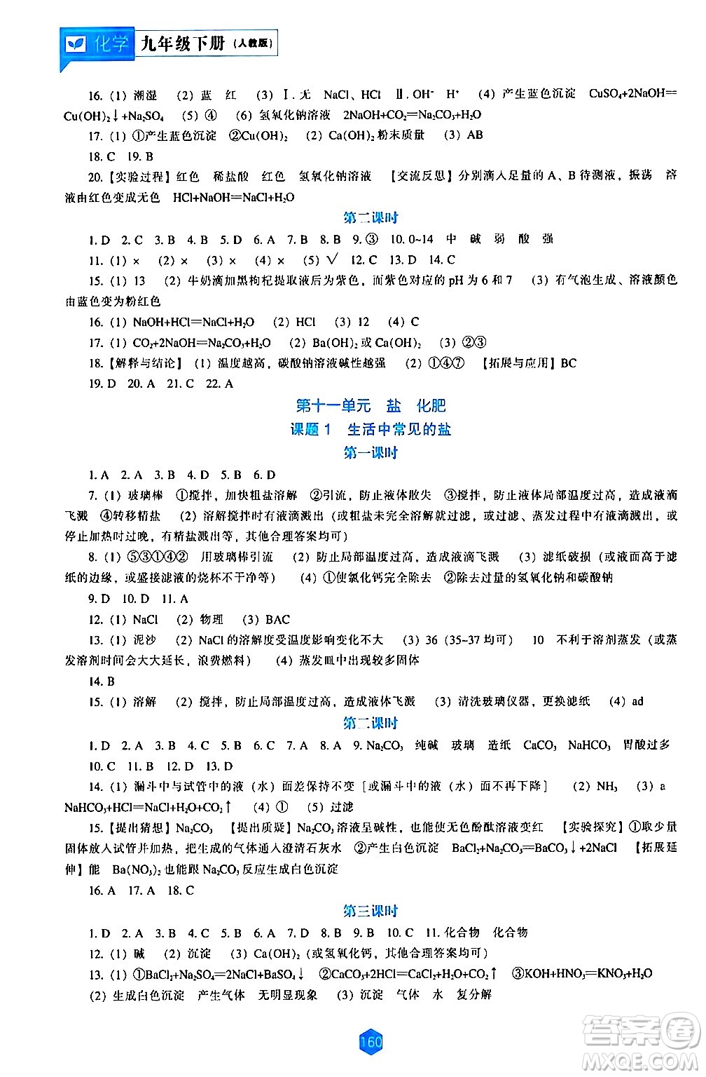 遼海出版社2024年春新課程化學能力培養(yǎng)九年級化學下冊人教版答案