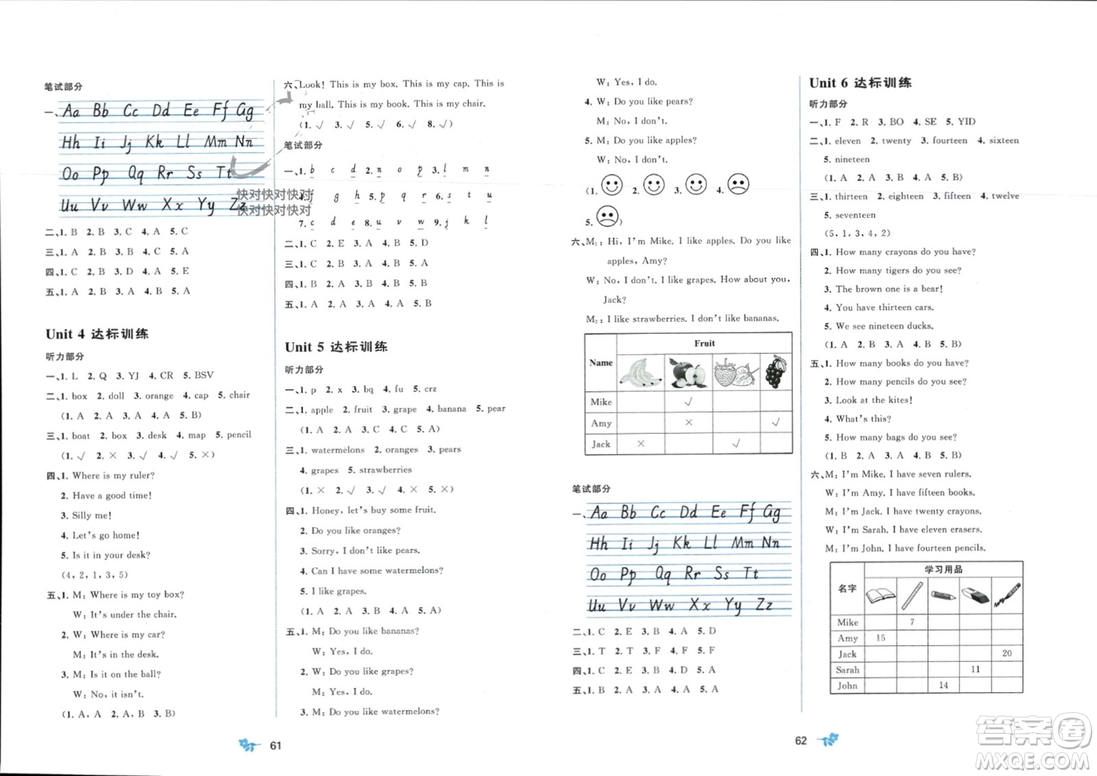 廣西師范大學(xué)出版社2024年春新課程學(xué)習(xí)與測評(píng)單元雙測三年級(jí)英語下冊(cè)A版人教版參考答案