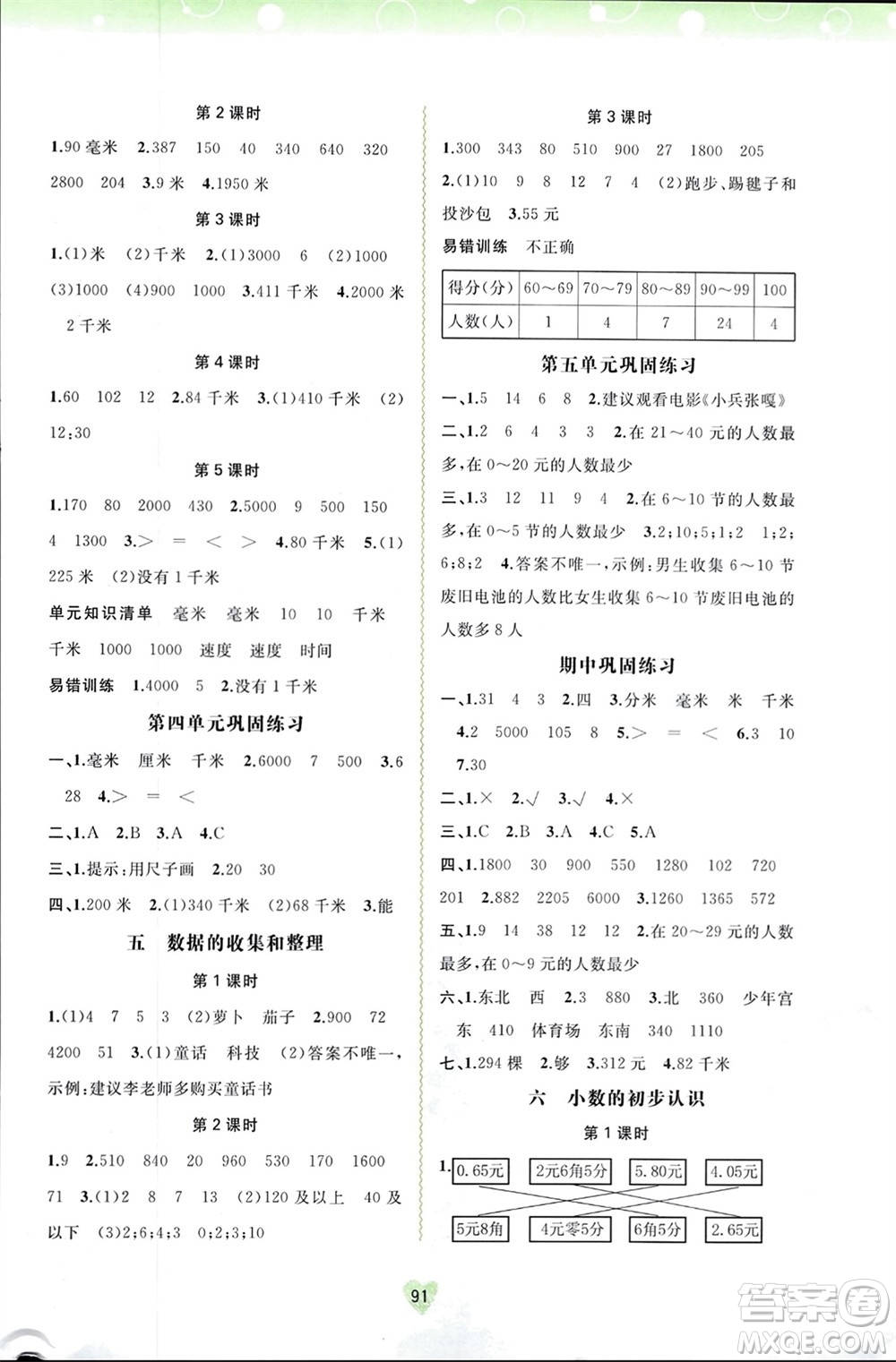 廣西師范大學(xué)出版社2024年春新課程學(xué)習(xí)與測評同步學(xué)習(xí)三年級數(shù)學(xué)下冊冀教版參考答案