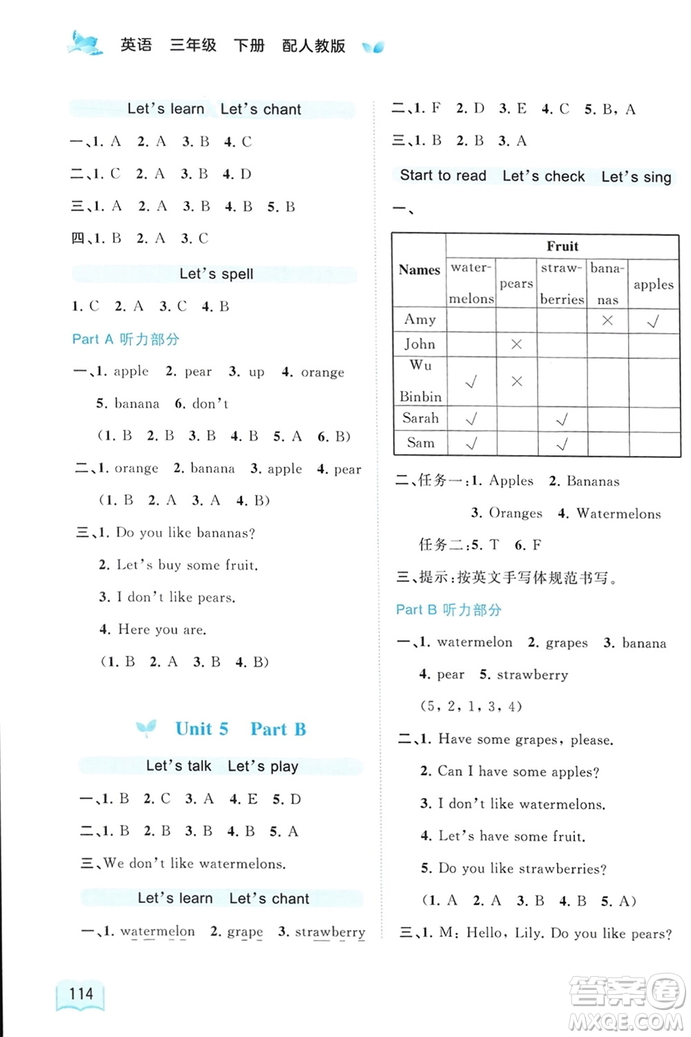 廣西師范大學(xué)出版社2024年春新課程學(xué)習(xí)與測評同步學(xué)習(xí)三年級英語下冊人教版參考答案