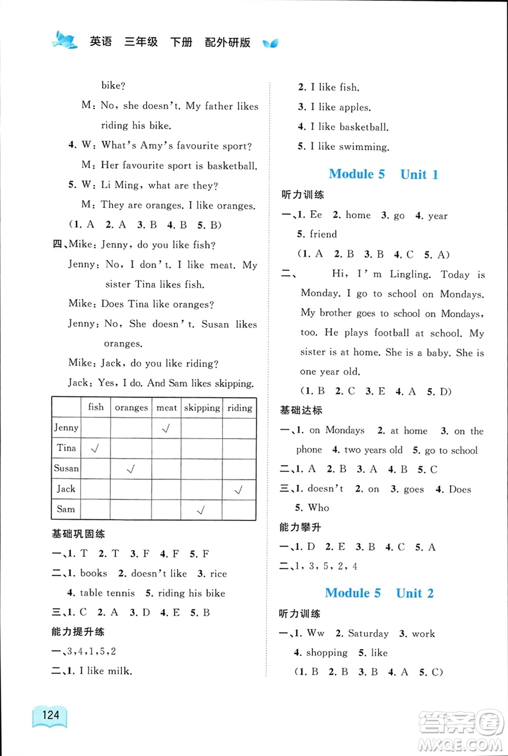 廣西師范大學(xué)出版社2024年春新課程學(xué)習(xí)與測評同步學(xué)習(xí)三年級英語下冊外研版參考答案