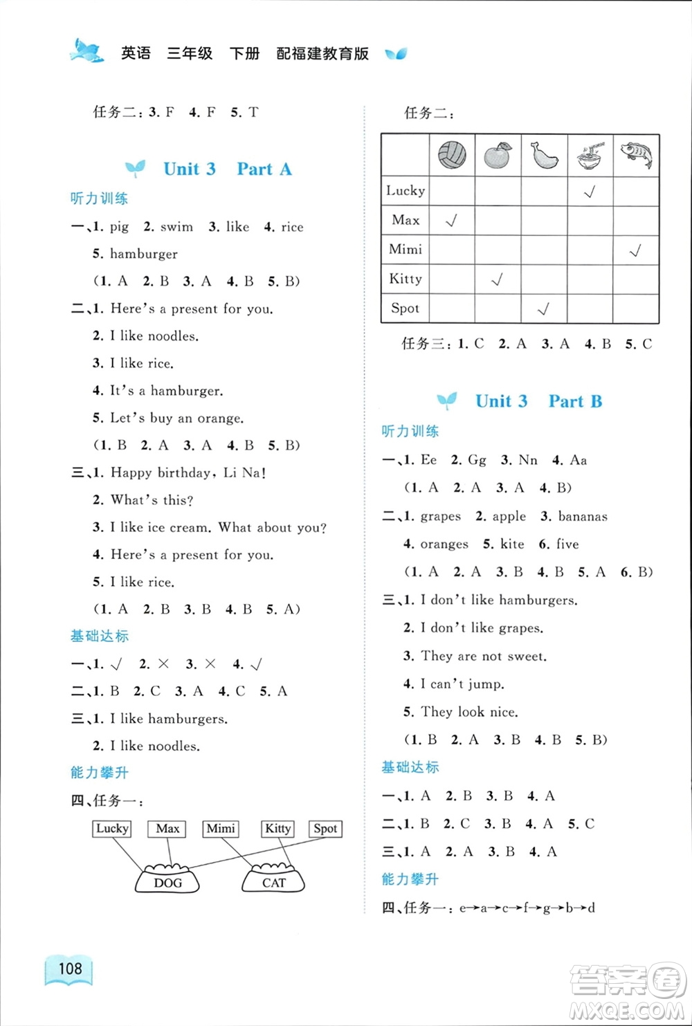 廣西師范大學(xué)出版社2024年春新課程學(xué)習(xí)與測(cè)評(píng)同步學(xué)習(xí)三年級(jí)英語(yǔ)下冊(cè)閩教版參考答案