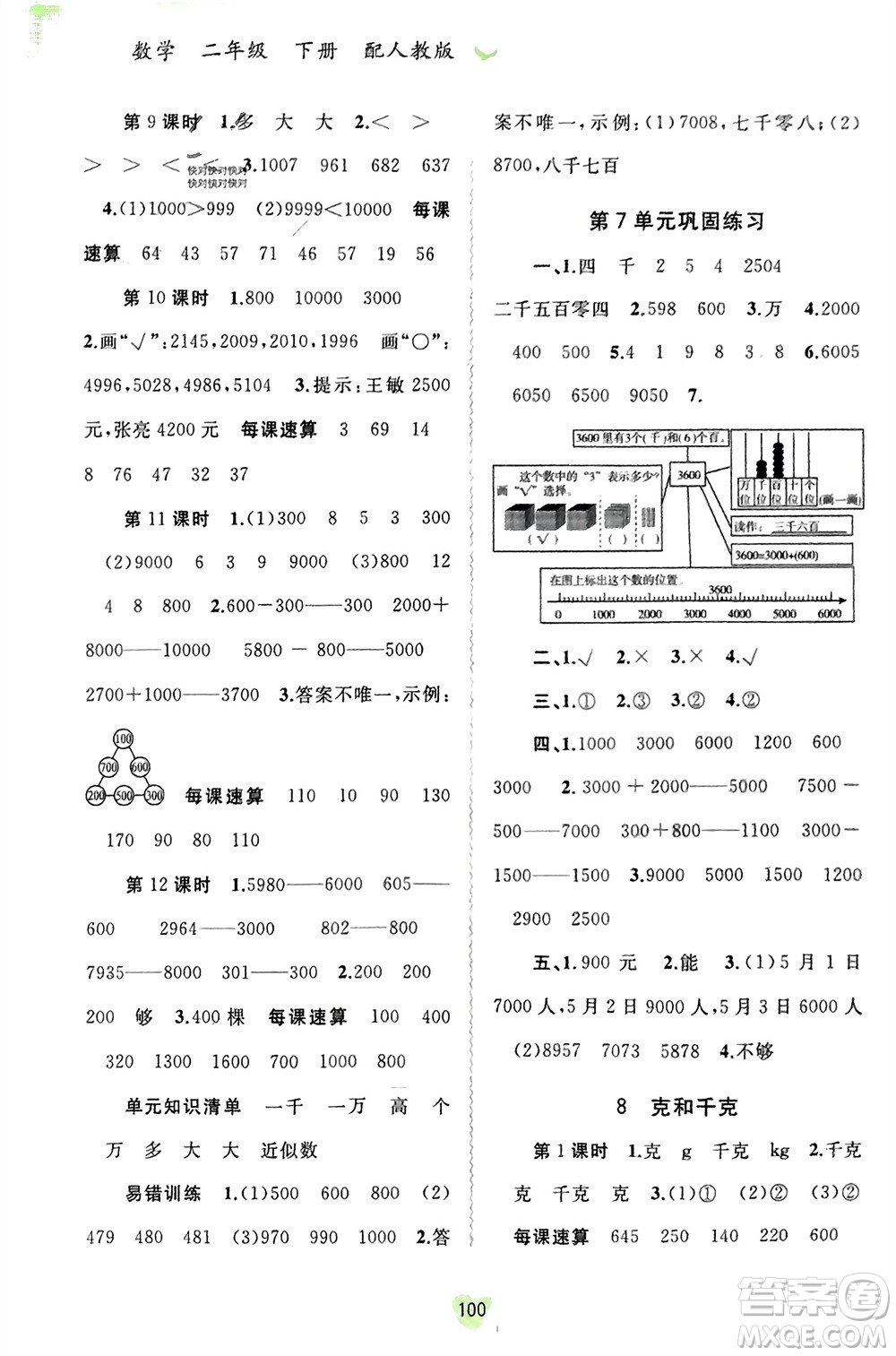 廣西師范大學(xué)出版社2024年春新課程學(xué)習與測評同步學(xué)習二年級數(shù)學(xué)下冊人教版參考答案