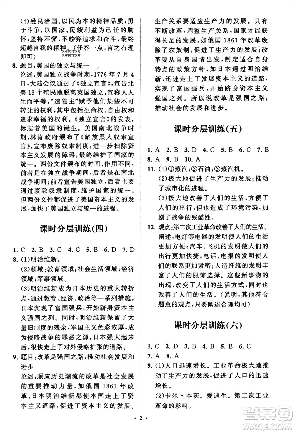 山東教育出版社2024年春初中同步練習(xí)冊(cè)分層卷九年級(jí)歷史下冊(cè)通用版參考答案