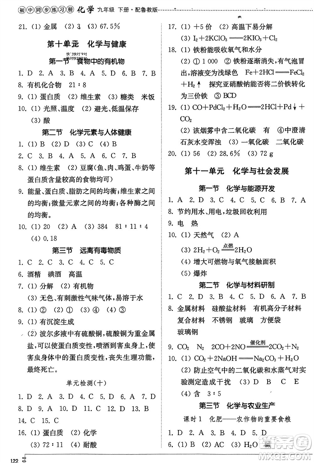 山東教育出版社2024年春初中同步練習(xí)冊九年級化學(xué)下冊魯教版參考答案