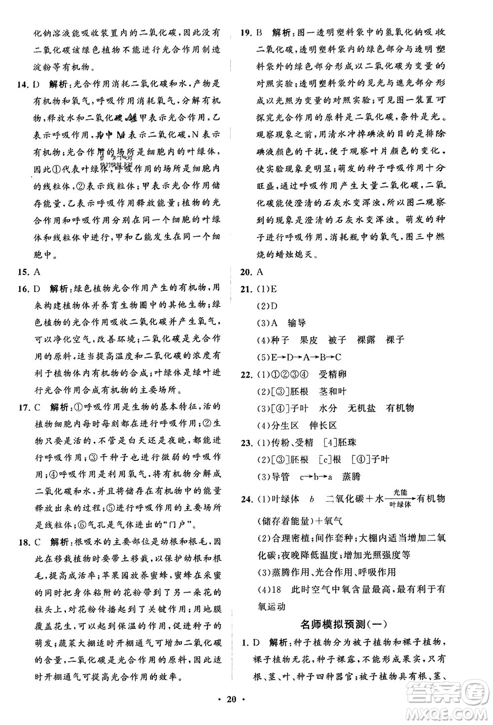 山東教育出版社2024年春初中同步練習(xí)冊(cè)分層卷六年級(jí)生物下冊(cè)五四制魯科版參考答案