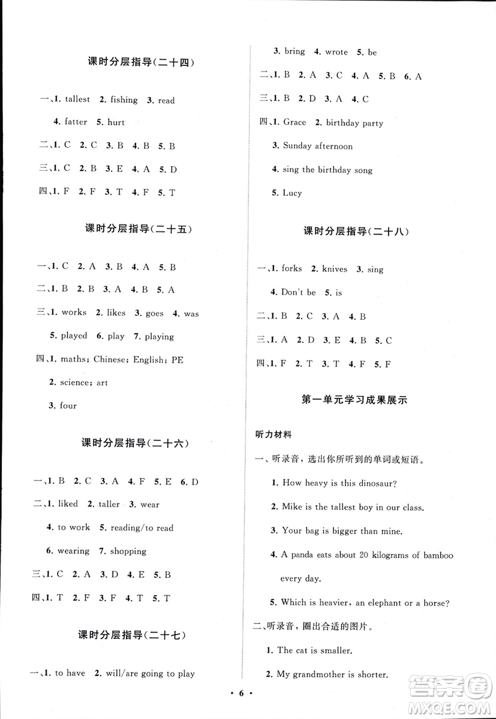 山東教育出版社2024年春小學(xué)同步練習(xí)冊分層指導(dǎo)六年級英語下冊人教版參考答案