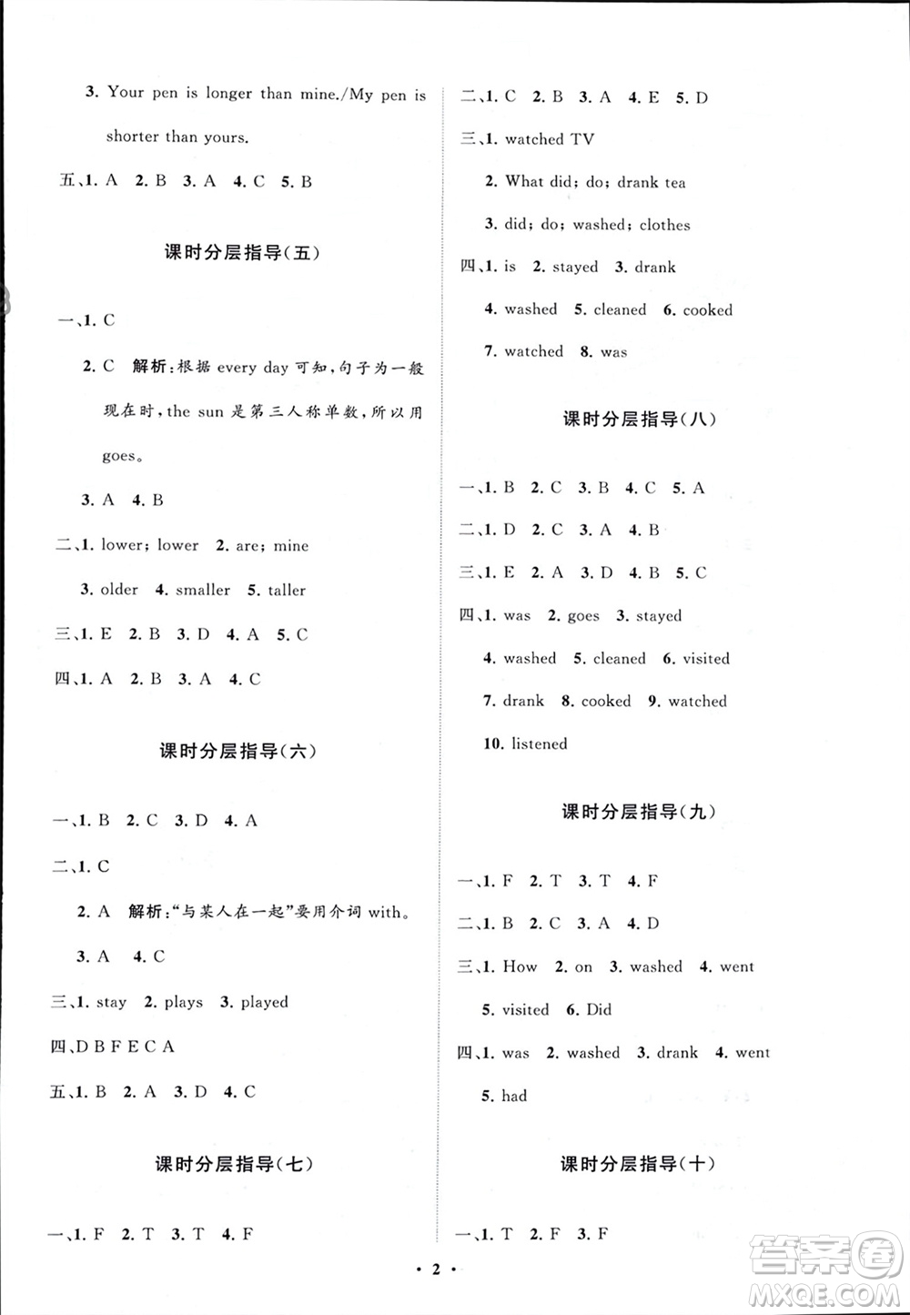 山東教育出版社2024年春小學(xué)同步練習(xí)冊分層指導(dǎo)六年級英語下冊人教版參考答案