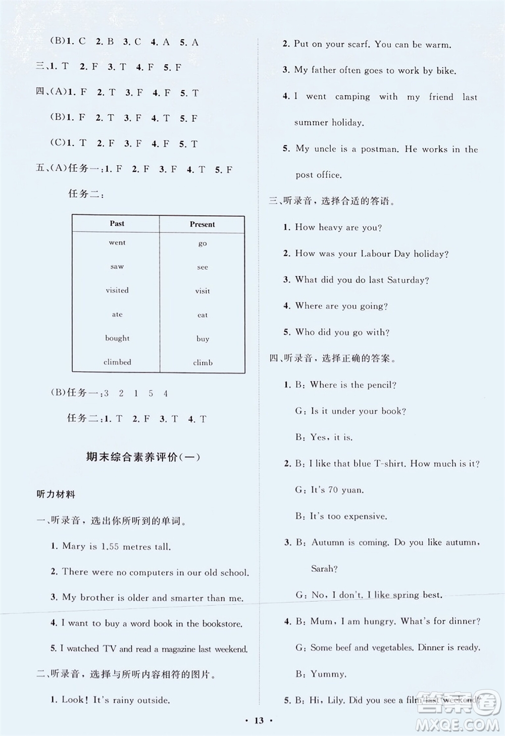 山東教育出版社2024年春小學(xué)同步練習(xí)冊分層指導(dǎo)六年級英語下冊人教版參考答案