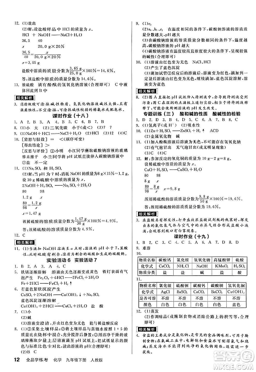 陽光出版社2024年春全品學(xué)練考九年級(jí)化學(xué)下冊(cè)人教版答案